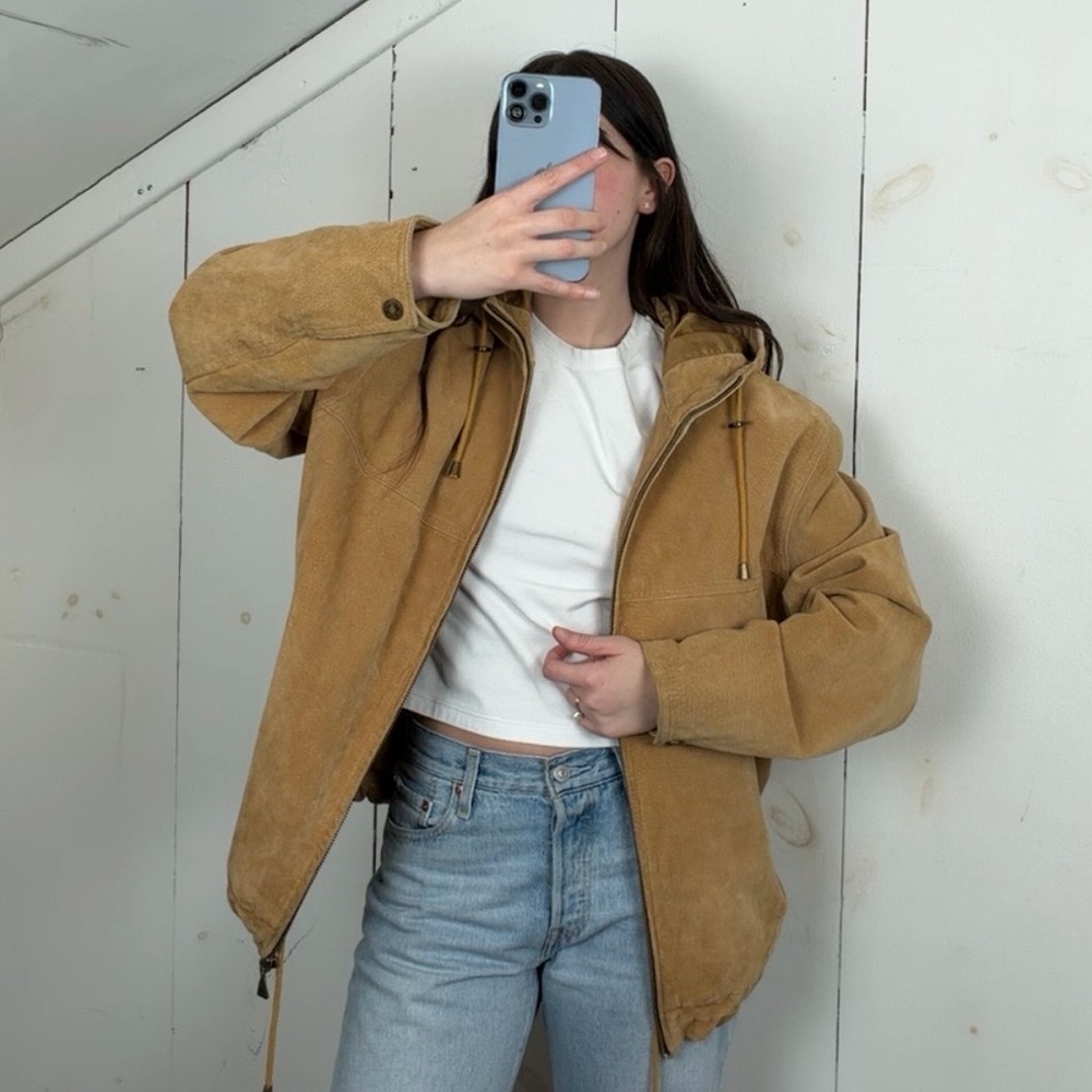 M. Julian Wilsons Tan Suede Leather Bomber Jacket Women’s Medium Hooded Full Zip - Picture 3 of 14